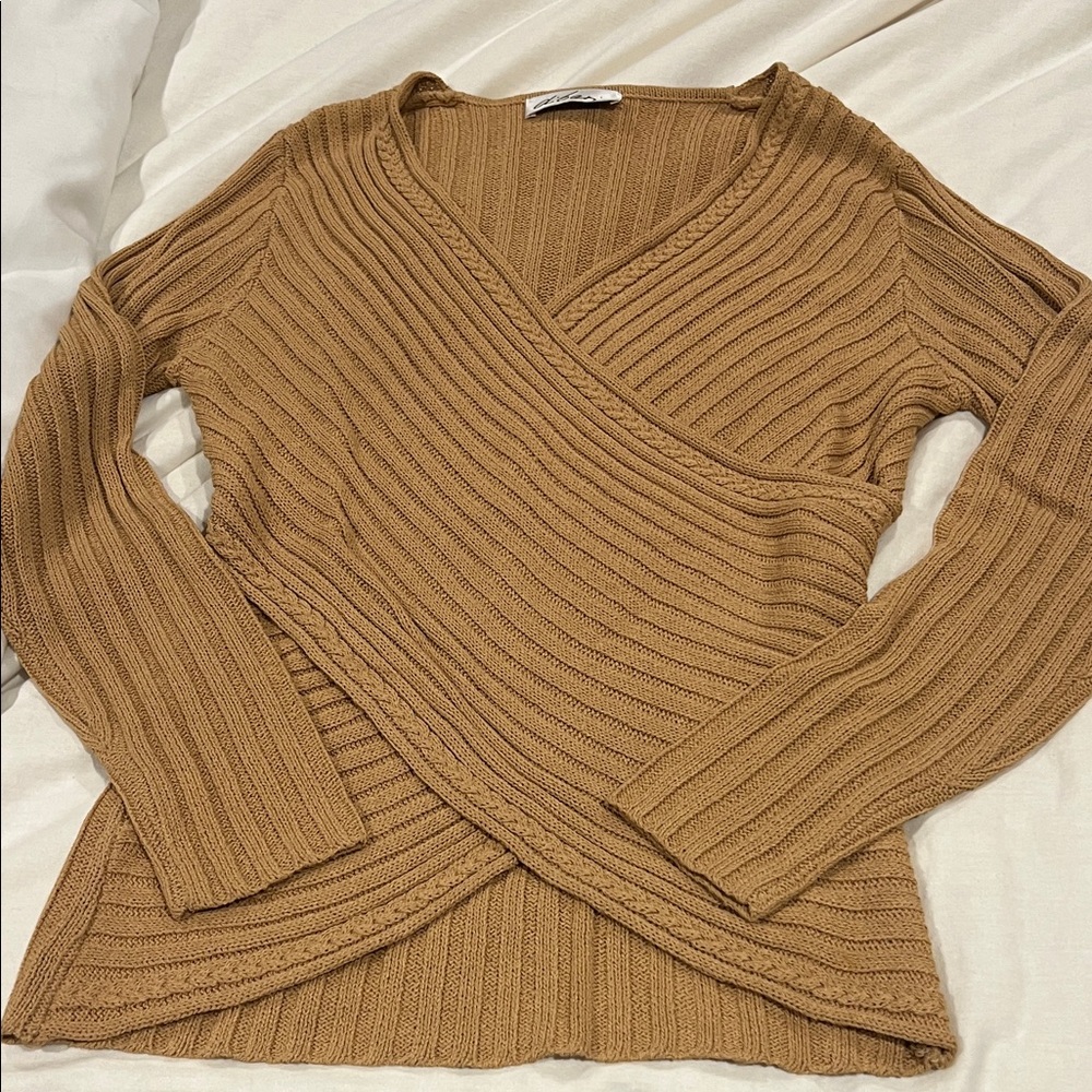 Tan Ribbed Wrap Sweater